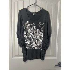 Grace Elements Black Dolman Sleeve Gray/White Floral Print Top Size XL
